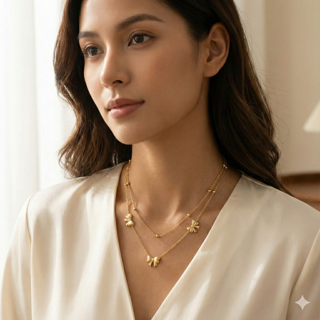 Golden Bow Charm Layered Necklace