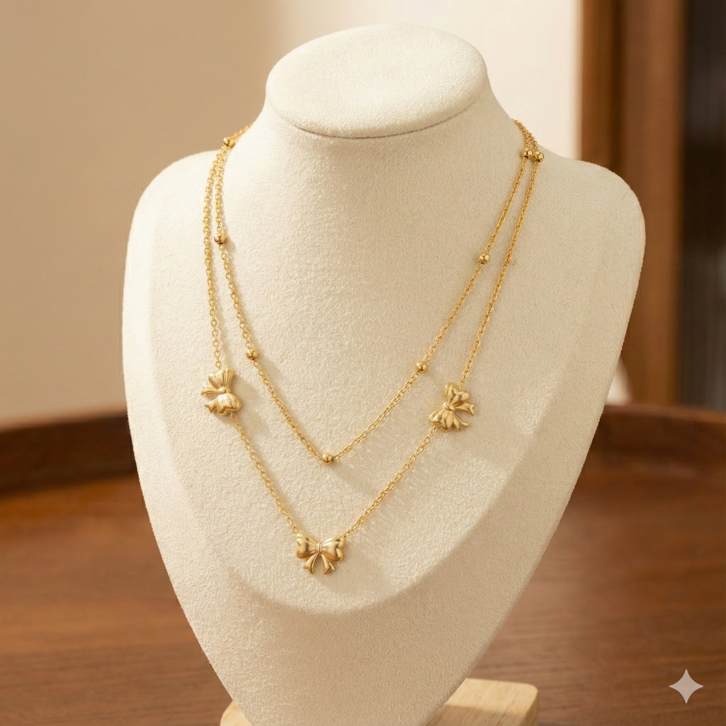 Golden Bow Charm Layered Necklace