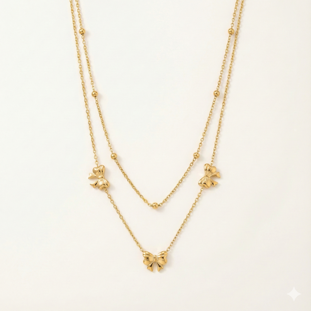 Golden Bow Charm Layered Necklace