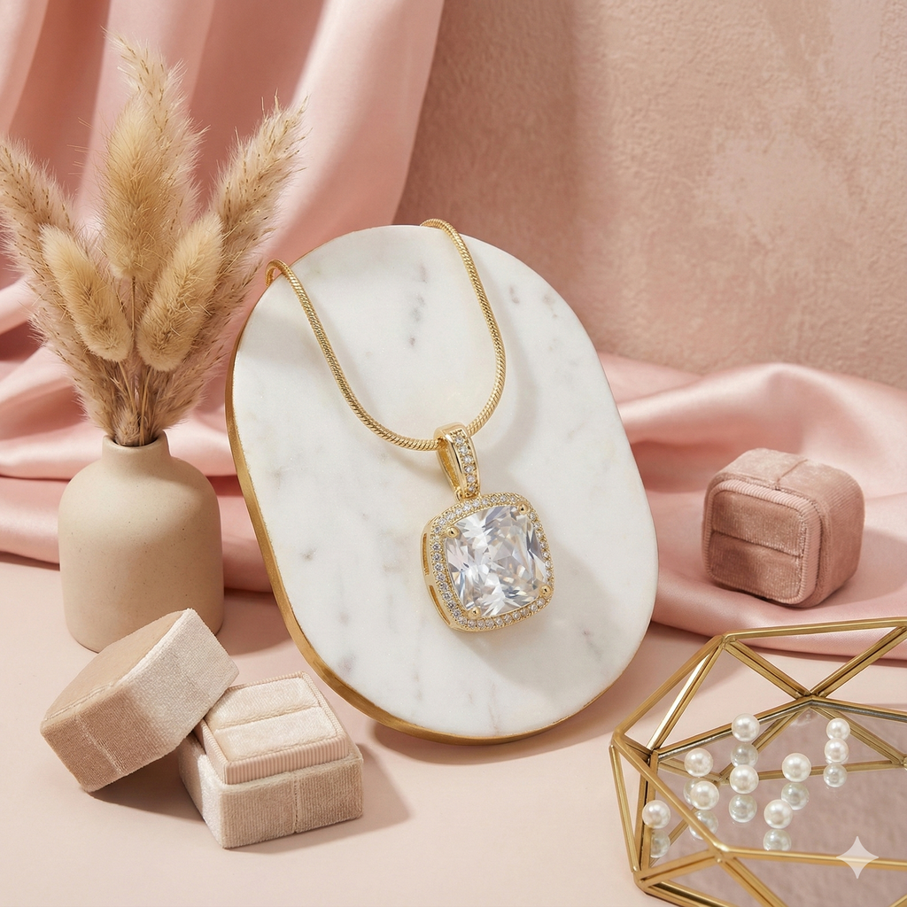Golden Cushion Halo Solitaire Pendant Necklace