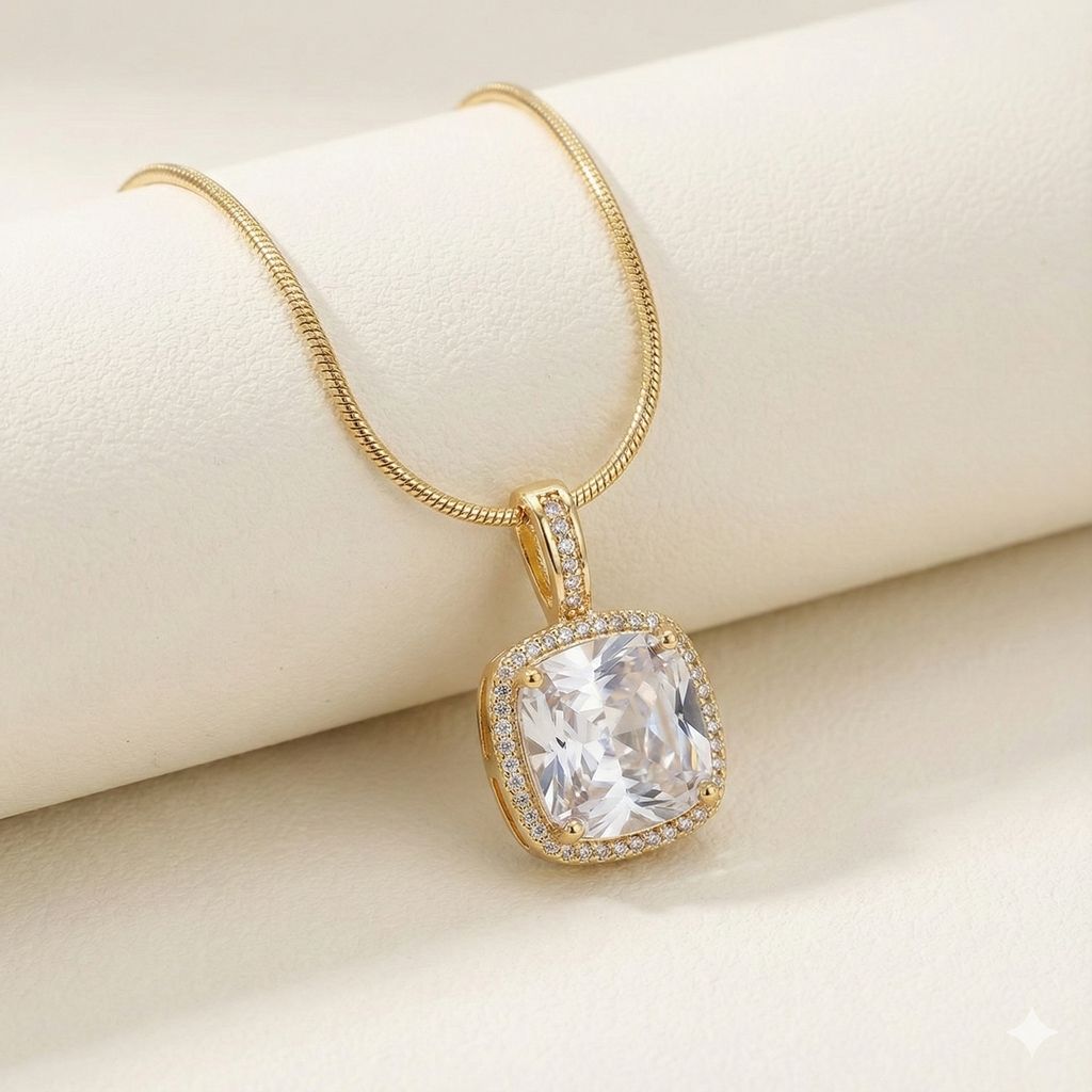 Golden Cushion Halo Solitaire Pendant Necklace