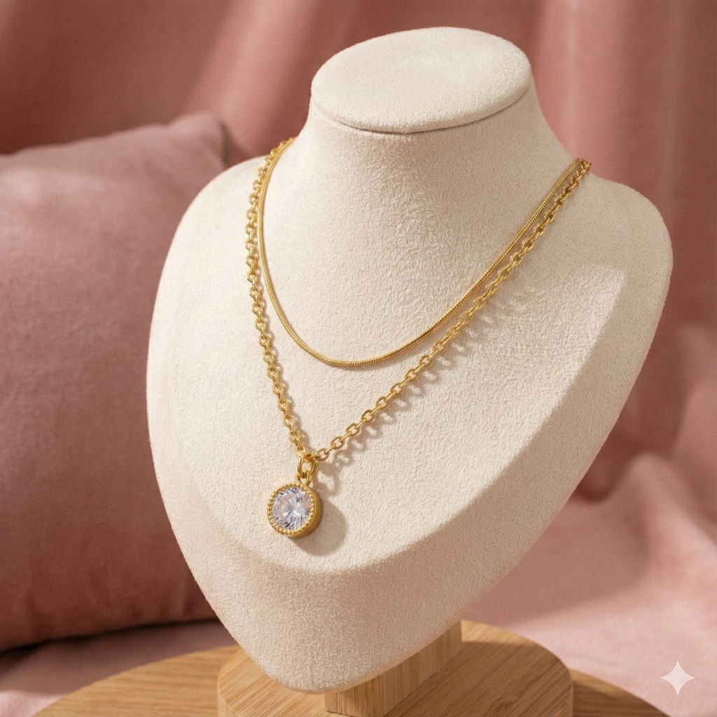 Golden Solitaire Glow Layered Necklace