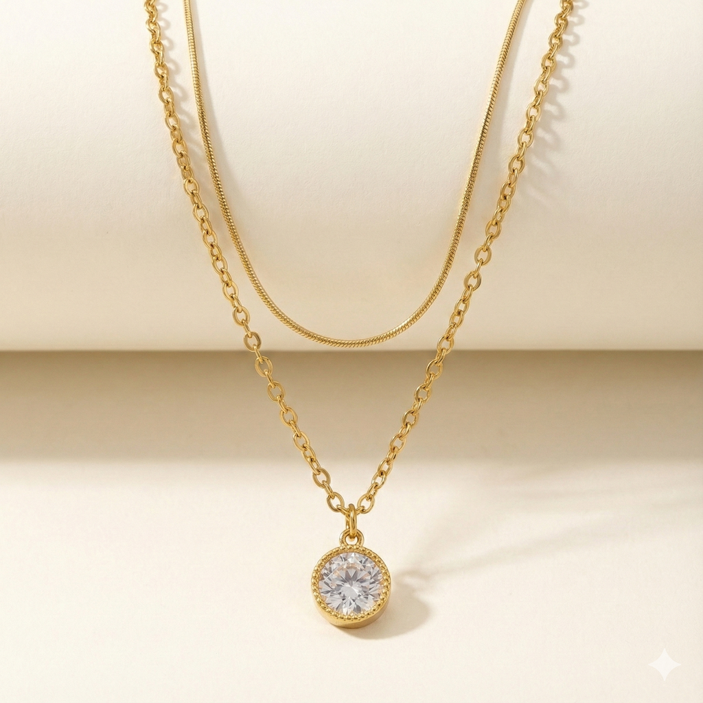 Golden Solitaire Glow Layered Necklace